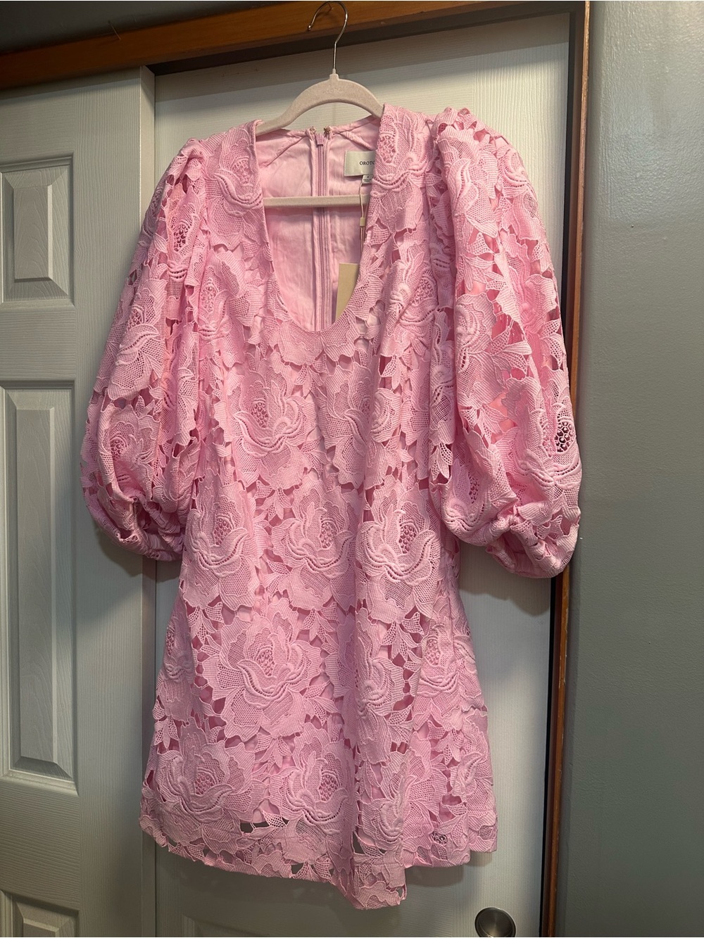 Oroton Pink Floral Lace Puff-Sleeve Tunic Dress